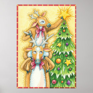 Cute Christmas Reindeer With Christmas Tree Star Poster