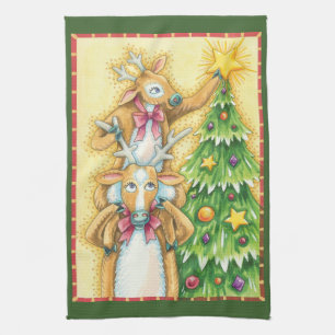 Cute Christmas Reindeer With Christmas Tree Star Tea Towel