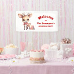 Cute Christmas Reindeer with Gifts Party Welcome Banner<br><div class="desc">Christmas banner with an illustration of an adorable baby deer. Big eyes big ears with a large head and little brown antlers. Wearing a big red bow. Standing beside a stack of gifts.</div>