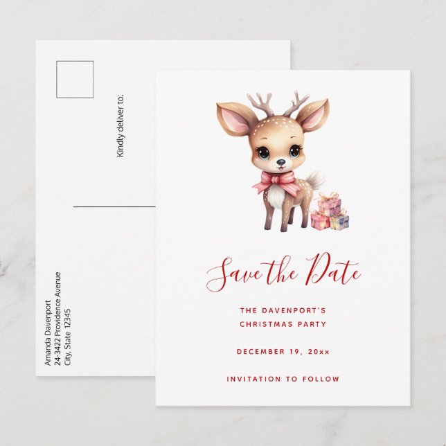 Cute Christmas Reindeer with Holiday Gifts Announcement Postcard (Front/Back)