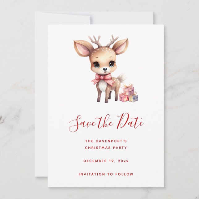 Cute Christmas Reindeer with Holiday Gifts Save The Date (Front)