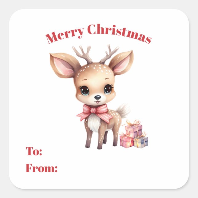 Cute Christmas Reindeer with Holiday Gifts Square Sticker (Front)