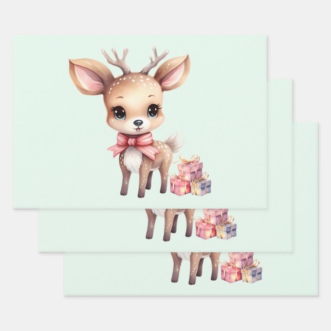 Cute Christmas Reindeer with Holiday Gifts Wrapping Paper Sheet (Set)