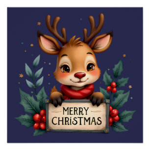 Cute Christmas Reindeer with Holly and Sign