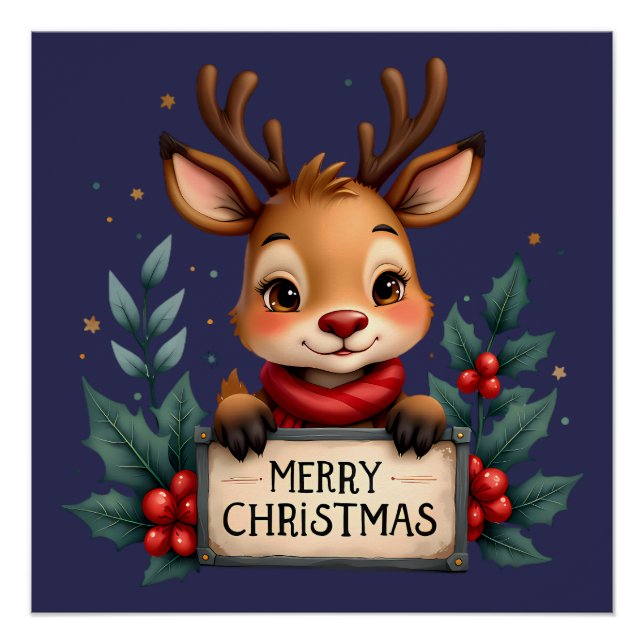 Cute Christmas Reindeer with Holly and Sign (Front)