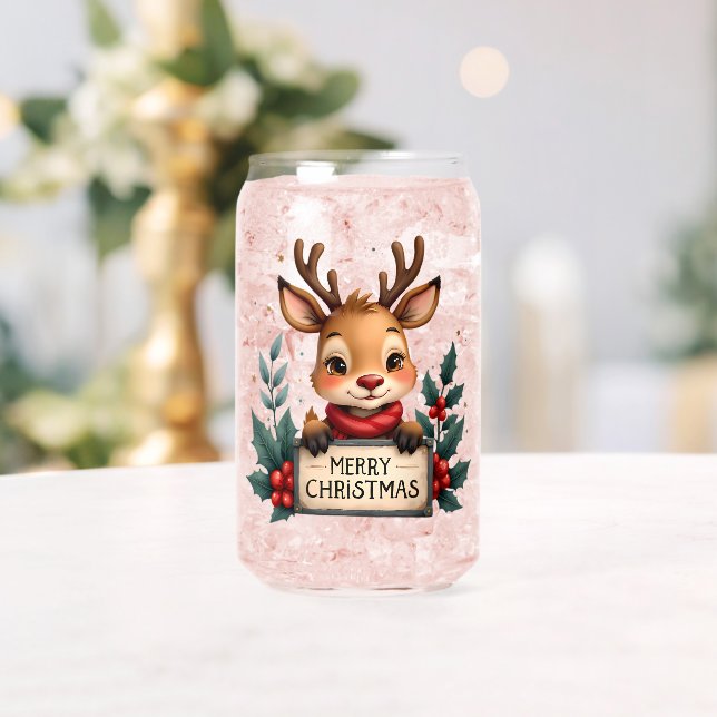 Cute Christmas Reindeer with Holly and Sign Can Glass (Insitu (Wedding))