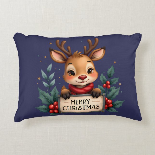 Cute Christmas Reindeer with Holly and Sign Decorative Cushion (Front)