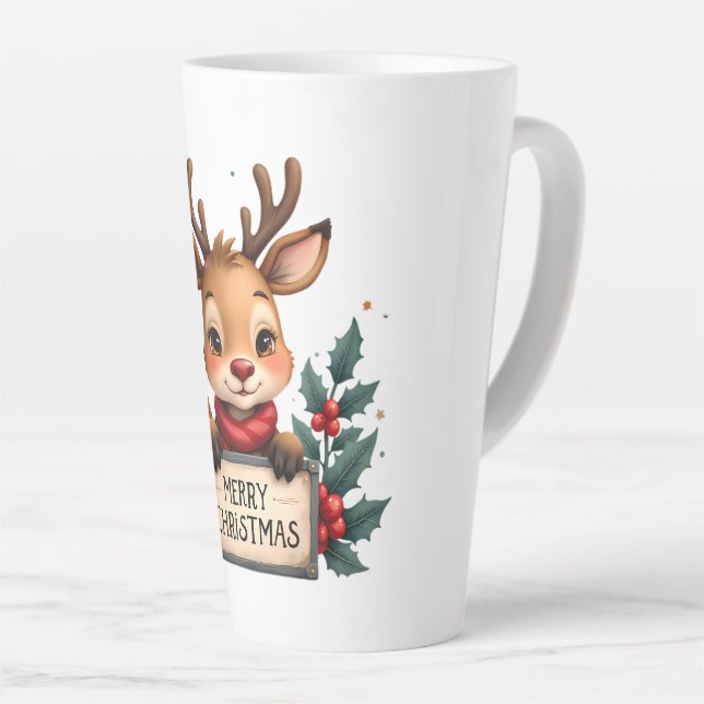 Cute Christmas Reindeer with Holly and Sign Latte Mug (Right Angle)