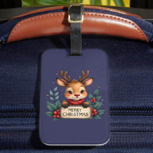 Cute Christmas Reindeer with Holly and Sign Luggage Tag