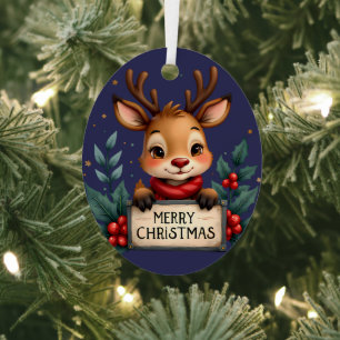 Cute Christmas Reindeer with Holly and Sign Metal Tree Decoration