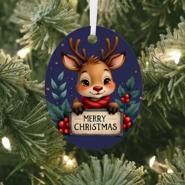 Cute Christmas Reindeer with Holly and Sign Metal Tree Decoration (Insitu)