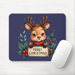 Cute Christmas Reindeer with Holly and Sign Mouse Mat
