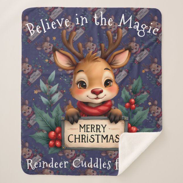 Cute Christmas Reindeer with Holly and Sign Sherpa Blanket (Front)