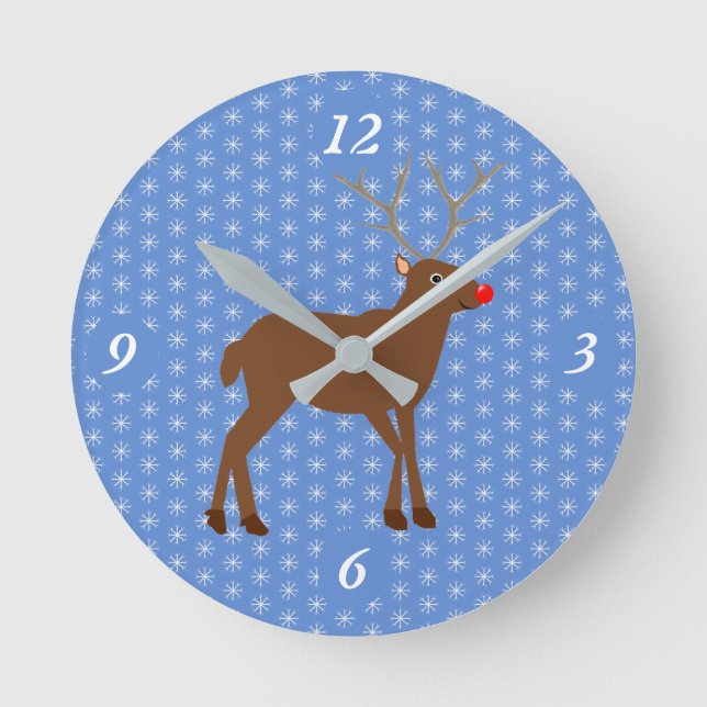 Cute Christmas Reindeer with Red Nose Round Clock (Front)