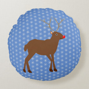 Cute Christmas Reindeer with Red Nose Round Cushion