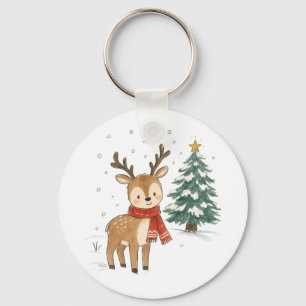 Cute Christmas Reindeer with Red Scarf Key Ring