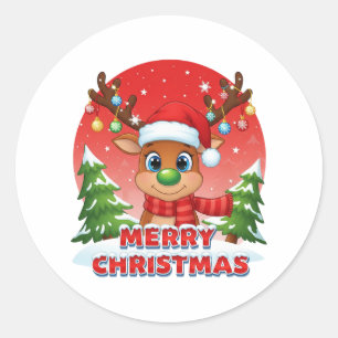 Cute Christmas Reindeer with Santa Hat Ornaments Classic Round Sticker