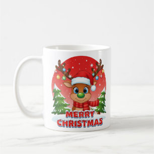 Cute Christmas Reindeer with Santa Hat Ornaments Coffee Mug