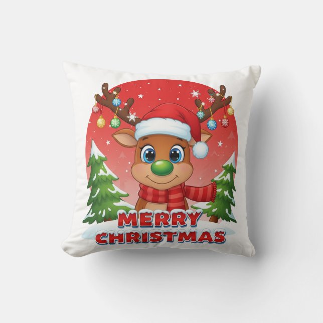 Cute Christmas Reindeer with Santa Hat Ornaments Cushion (Front)