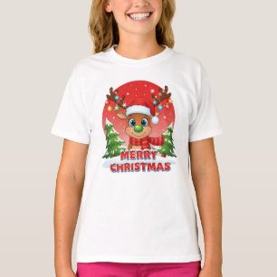 Cute Christmas Reindeer with Santa Hat Ornaments T-Shirt