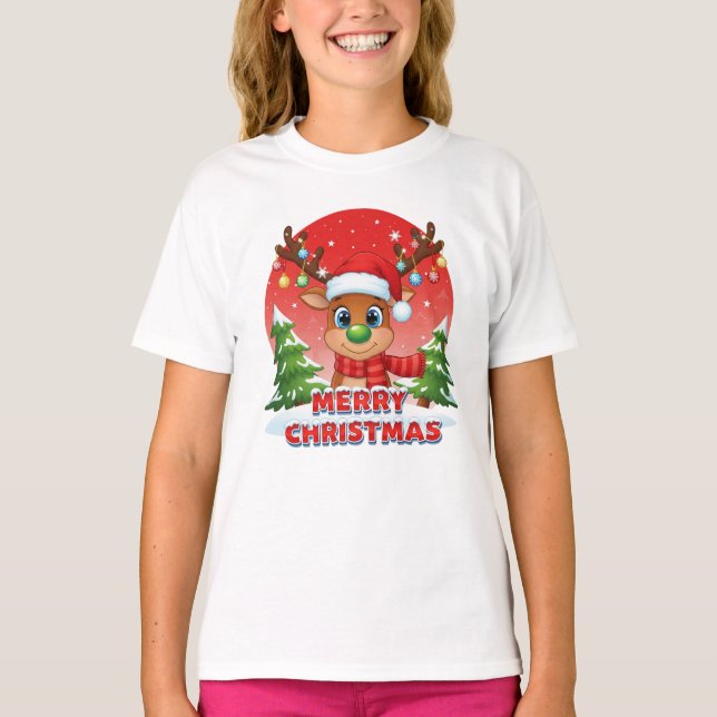 Cute Christmas Reindeer with Santa Hat Ornaments T-Shirt (Front)