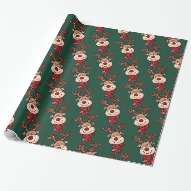Cute Christmas Reindeer Wrapping Paper (Unrolled)