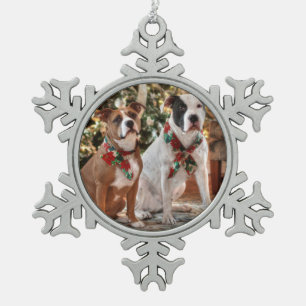 Cute Christmas Rescue Pitbull and America Bull Dog Snowflake Pewter Christmas Ornament