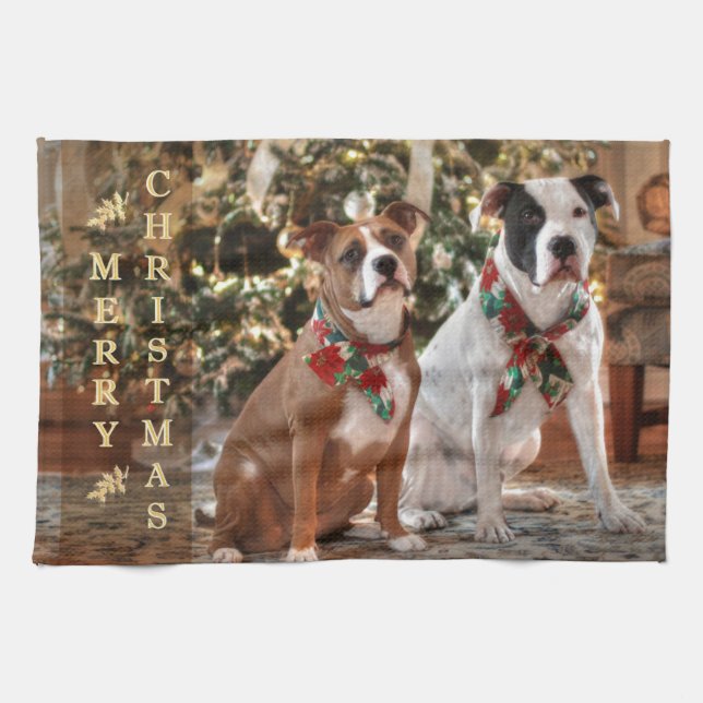 Cute Christmas Rescue Pitbull and America Bull Dog Tea Towel (Horizontal)