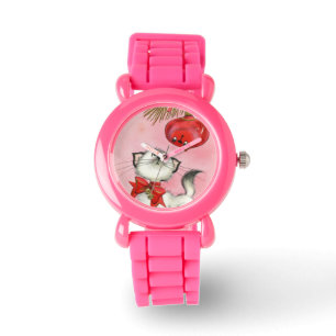 Cute Christmas Retro Kitty Cat Tree Pink Glitter Watch