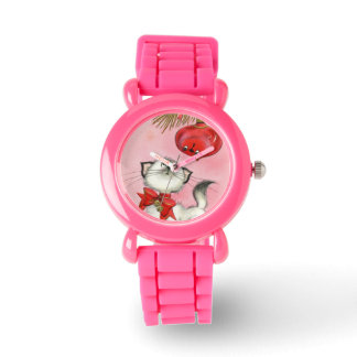 Cute Christmas Retro Kitty Cat Tree Pink Glitter Watch