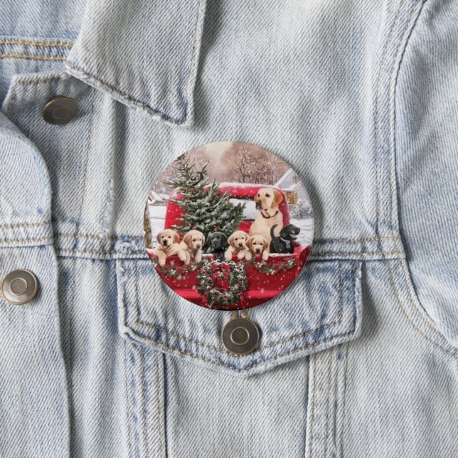 Cute Christmas Retro Red Truck With Puppies Dogs 7.5 Cm Round Badge (In Situ)
