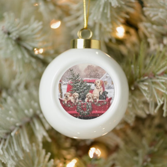 Cute Christmas Retro Red Truck With Puppies Dogs Ceramic Ball Christmas Ornament (Tree)