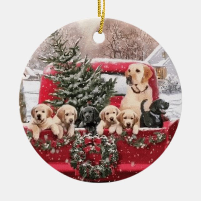 Cute Christmas Retro Red Truck With Puppies Dogs Ceramic Tree Decoration (Front)