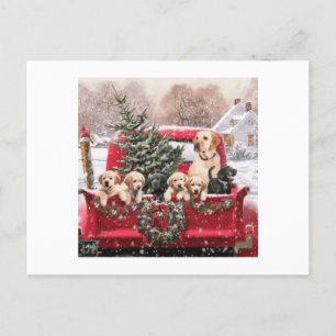 Cute Christmas Retro Red Truck With Puppies Dogs Holiday Postcard
