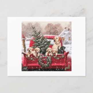 Cute Christmas Retro Red Truck With Puppies Dogs Holiday Postcard