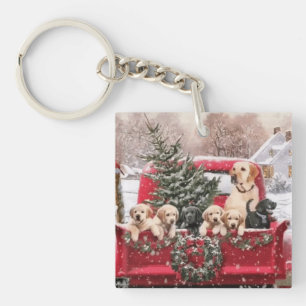 Cute Christmas Retro Red Truck With Puppies Dogs Key Ring