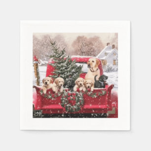 Cute Christmas Retro Red Truck With Puppies Dogs Napkin