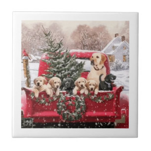 Cute Christmas Retro Red Truck With Puppies Dogs Tile