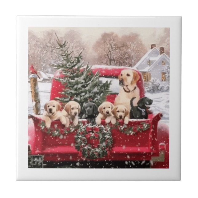 Cute Christmas Retro Red Truck With Puppies Dogs Tile (Front)