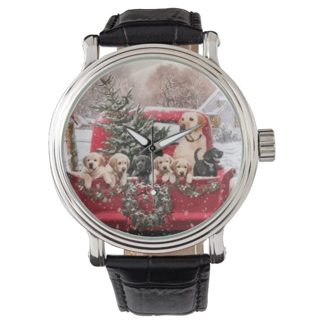 Cute Christmas Retro Red Truck With Puppies Dogs Watch (Front)