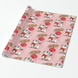Cute Christmas Retro Vintage Cat Kitten And Tree Wrapping Paper