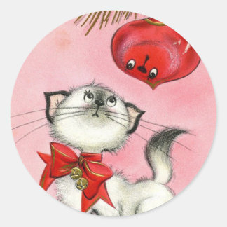 Cute Christmas Retro Vintage Kitten Cat Tree Pink Classic Round Sticker