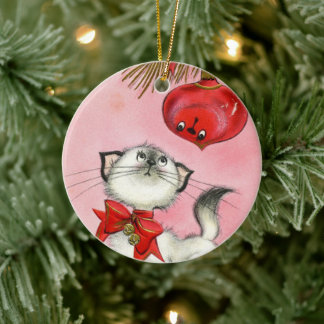 Cute Christmas Retro Vintage Kitty Cat Tree Pink Ceramic Tree Decoration