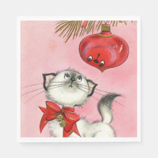 Cute Christmas Retro Vintage Kitty Cat Tree Pink Napkin