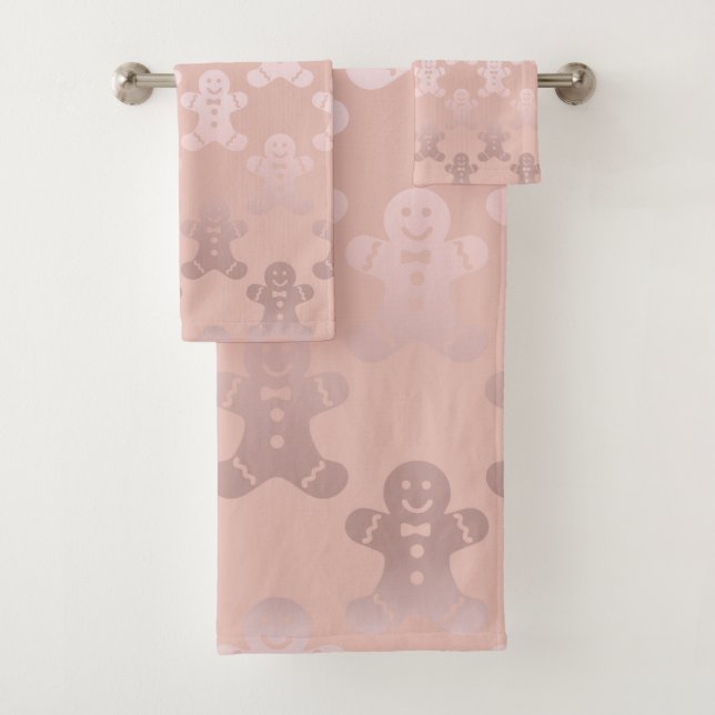 Cute Christmas Rose Gold Gingerbread Man Pattern Bath Towel Set (Insitu)