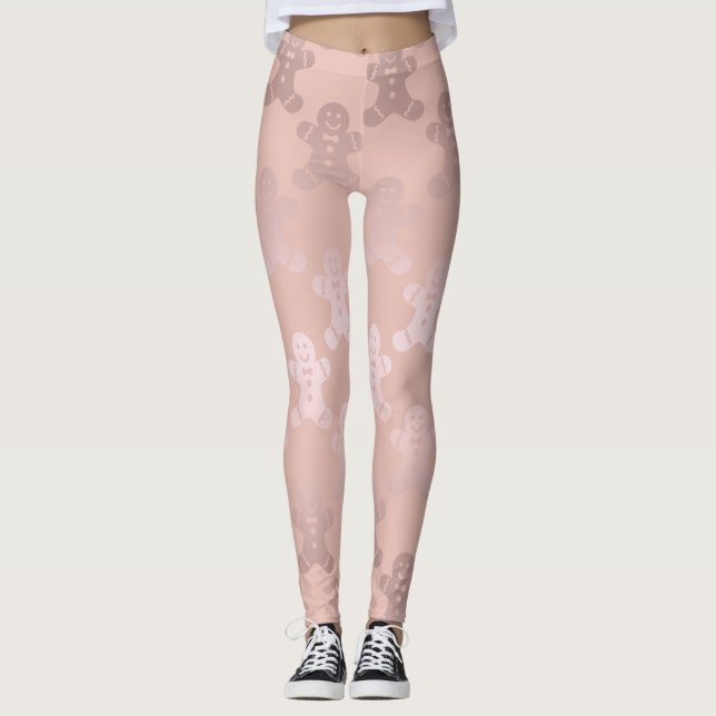 Cute Christmas Rose Gold Gingerbread Man Pattern Leggings (Front)