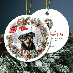 Cute Christmas rottweiler dog puppy Santa hat Ceramic Tree Decoration