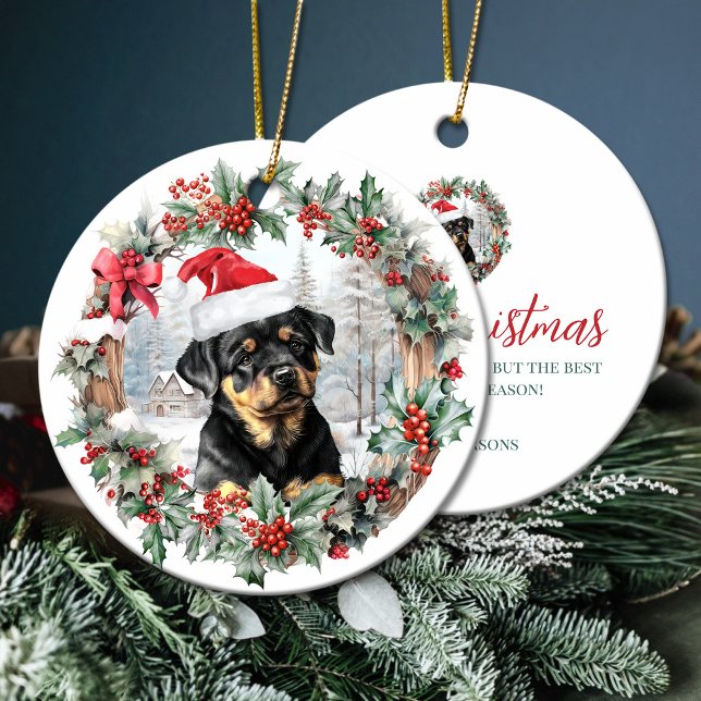 Cute Christmas rottweiler dog puppy Santa hat Ceramic Tree Decoration (Cute Christmas rottweiler dog puppy Santa hat Ceramic Ornament)