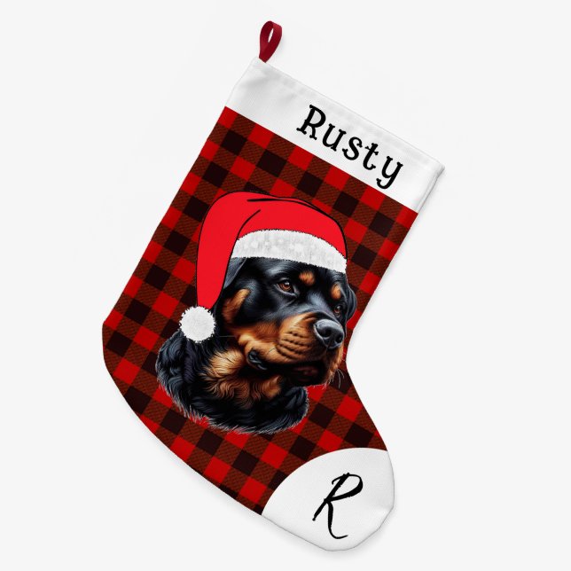 Cute Christmas Rottweiler Large Christmas Stocking (Front (Hanging))