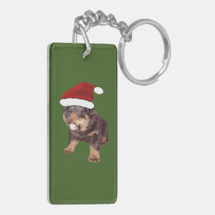 Cute Christmas Rottweiler With Red Santa Hat Key Ring